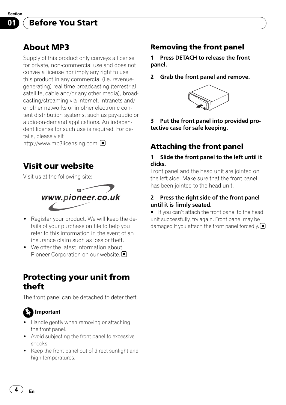 About mp3, Visit our website, Protecting your unit from theft | Removing the front panel 4, Attaching the front panel 4, Before you start | Pioneer DEH-3900MP DE User Manual | Page 4 / 60