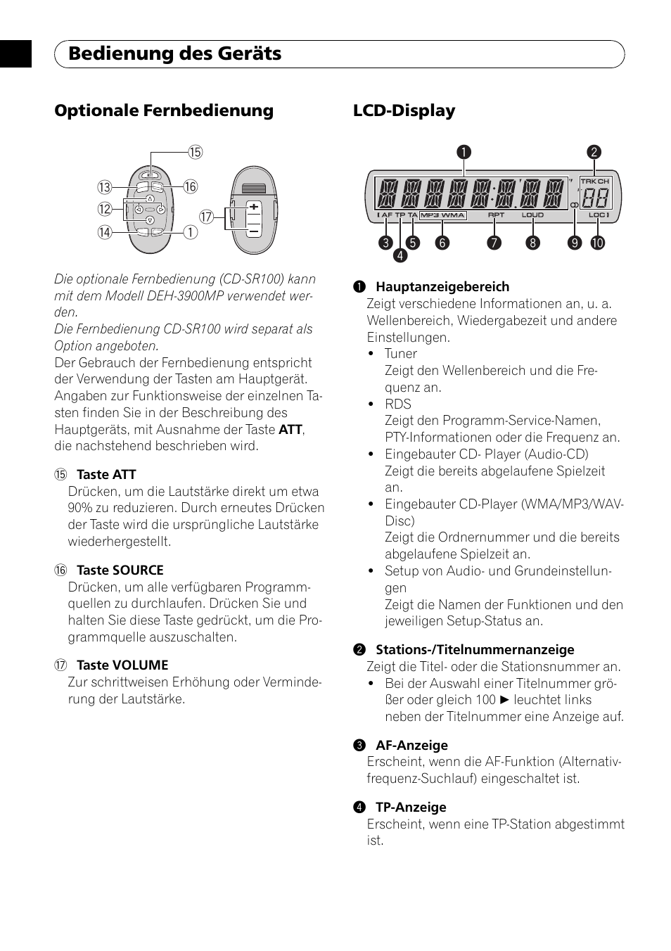 Optionale fernbedienung 44, Lcd-display 44, Bedienung des geräts | Pioneer DEH-3900MP DE User Manual | Page 44 / 60