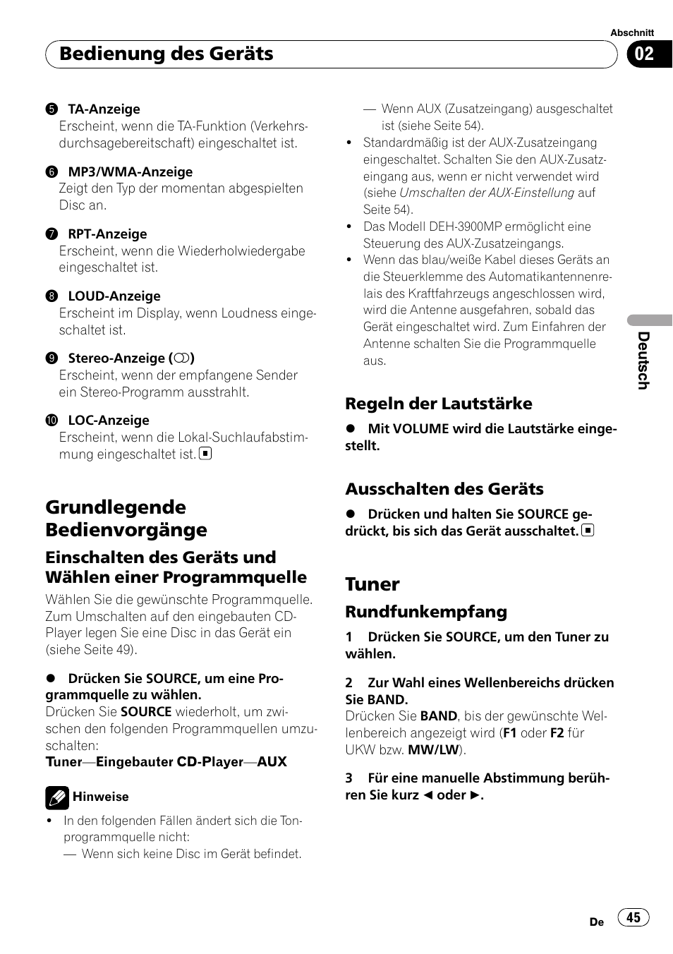 Grundlegende bedienvorgänge, Einschalten des geräts und wählen, Einer programmquelle | Regeln der lautstärke 45, Ausschalten des geräts 45, Tuner, Rundfunkempfang 45, Bedienung des geräts, Regeln der lautstärke, Ausschalten des geräts | Pioneer DEH-3900MP DE User Manual | Page 45 / 60