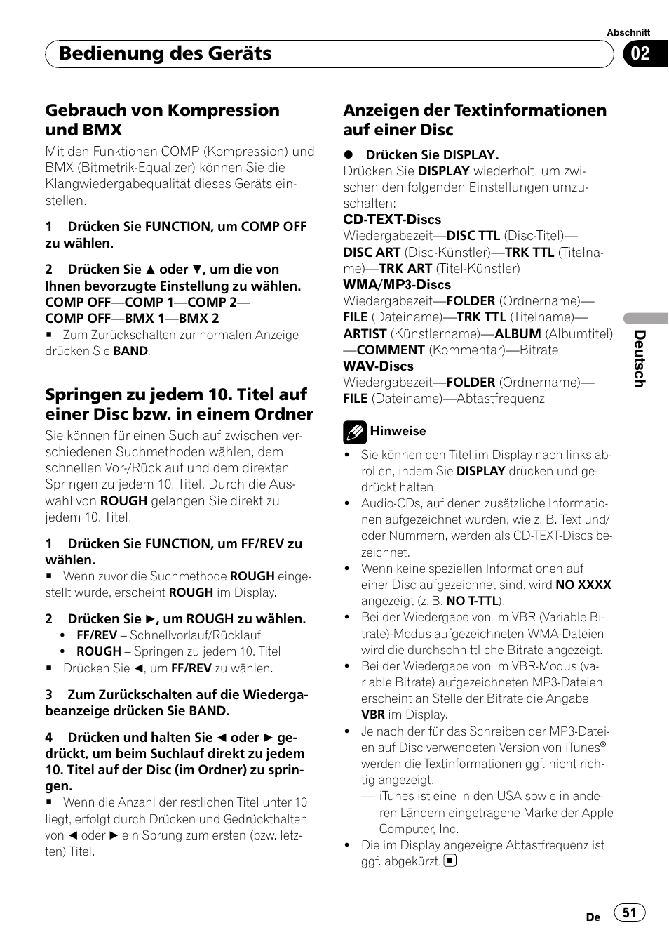 Gebrauch von kompression und, Springen zu jedem 10. titel auf einer, Disc bzw. in einem ordner | Anzeigen der textinformationen auf, Einer disc, Bedienung des geräts, Gebrauch von kompression und bmx, Anzeigen der textinformationen auf einer disc | Pioneer DEH-3900MP DE User Manual | Page 51 / 60