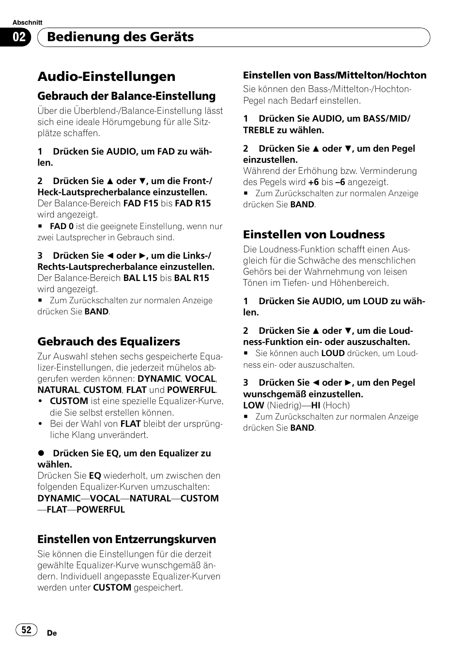 Audio-einstellungen, Gebrauch der balance-einstellung 52, Gebrauch des equalizers 52 | Einstellen von entzerrungskurven 52, Einstellen von loudness 52, Bedienung des geräts, Gebrauch der balance-einstellung, Gebrauch des equalizers, Einstellen von entzerrungskurven, Einstellen von loudness | Pioneer DEH-3900MP DE User Manual | Page 52 / 60