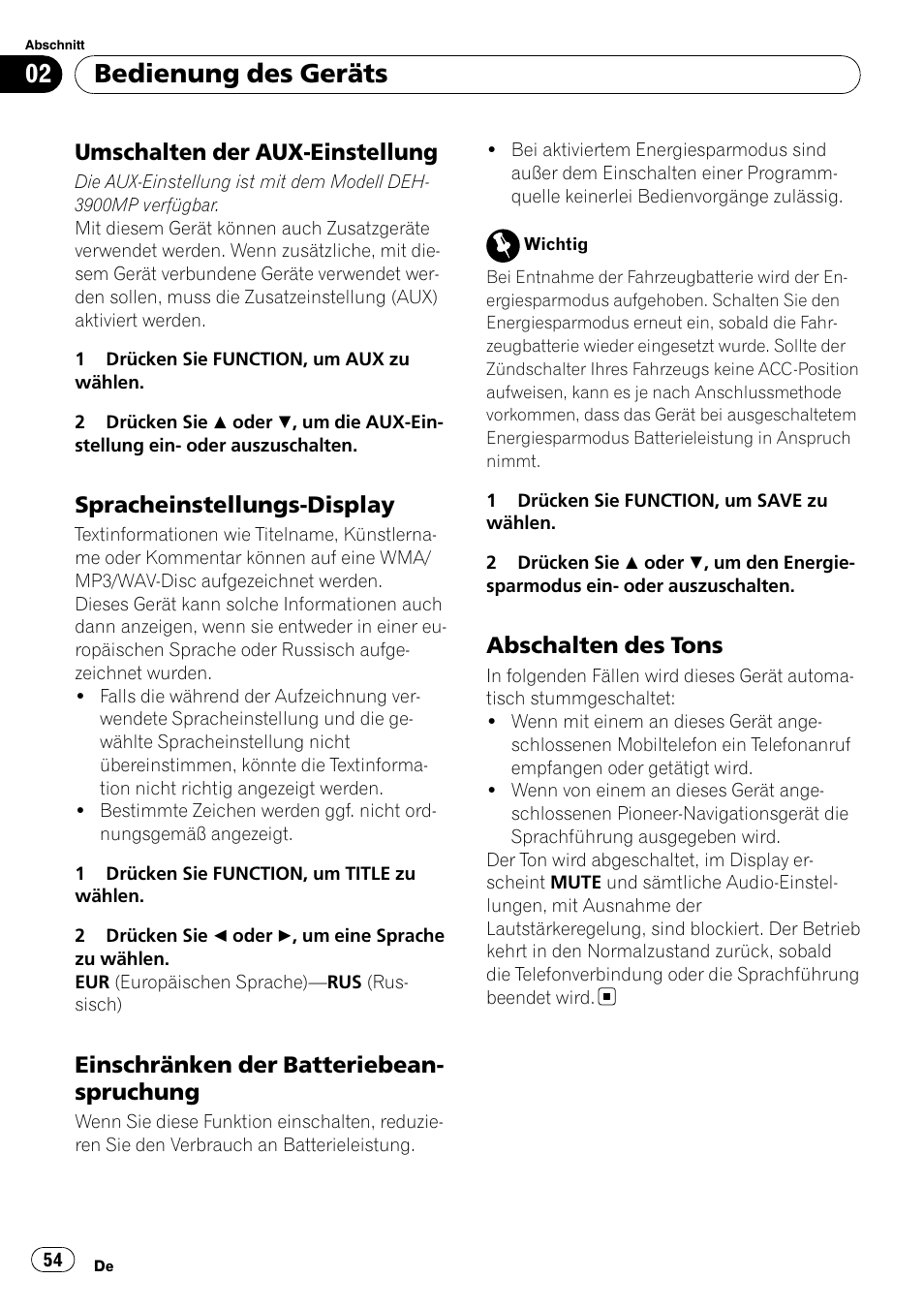 Umschalten der aux-einstellung 54, Spracheinstellungs-display 54, Einschränken der | Batteriebeanspruchung, Abschalten des tons 54, Bedienung des geräts, Umschalten der aux-einstellung, Spracheinstellungs-display, Einschränken der batteriebean- spruchung, Abschalten des tons | Pioneer DEH-3900MP DE User Manual | Page 54 / 60