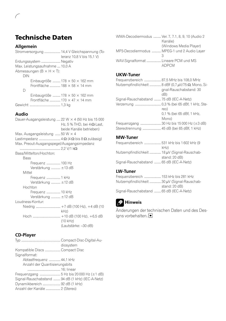 Technische daten | Pioneer DEH-3900MP DE User Manual | Page 59 / 60