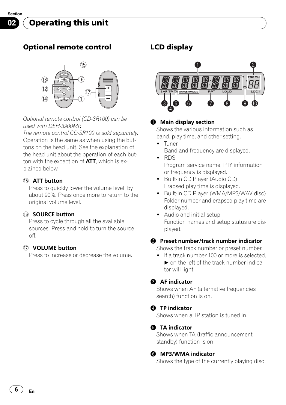 Optional remote control 6, Lcd display 6, Operating this unit | Pioneer DEH-3900MP DE User Manual | Page 6 / 60