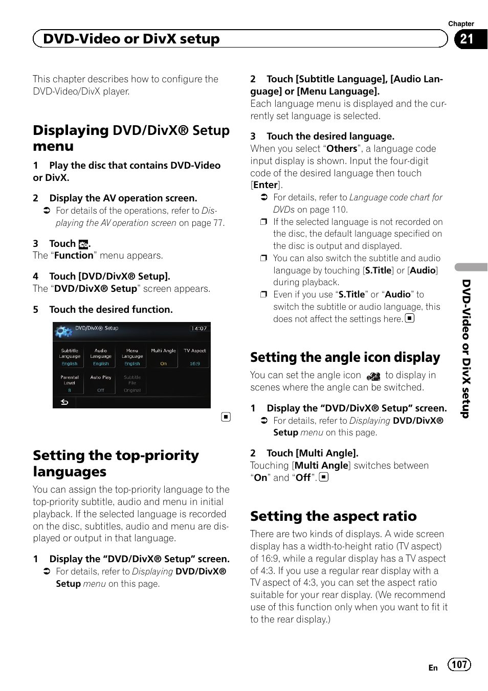 Setting the top-priority languages, Setting the angle icon display, Setting the aspect ratio | Setting the angle icon, Displaying dvd/divx® setup menu, Dvd-video or divx setup | Pioneer AVIC-Z120BT User Manual | Page 107 / 228