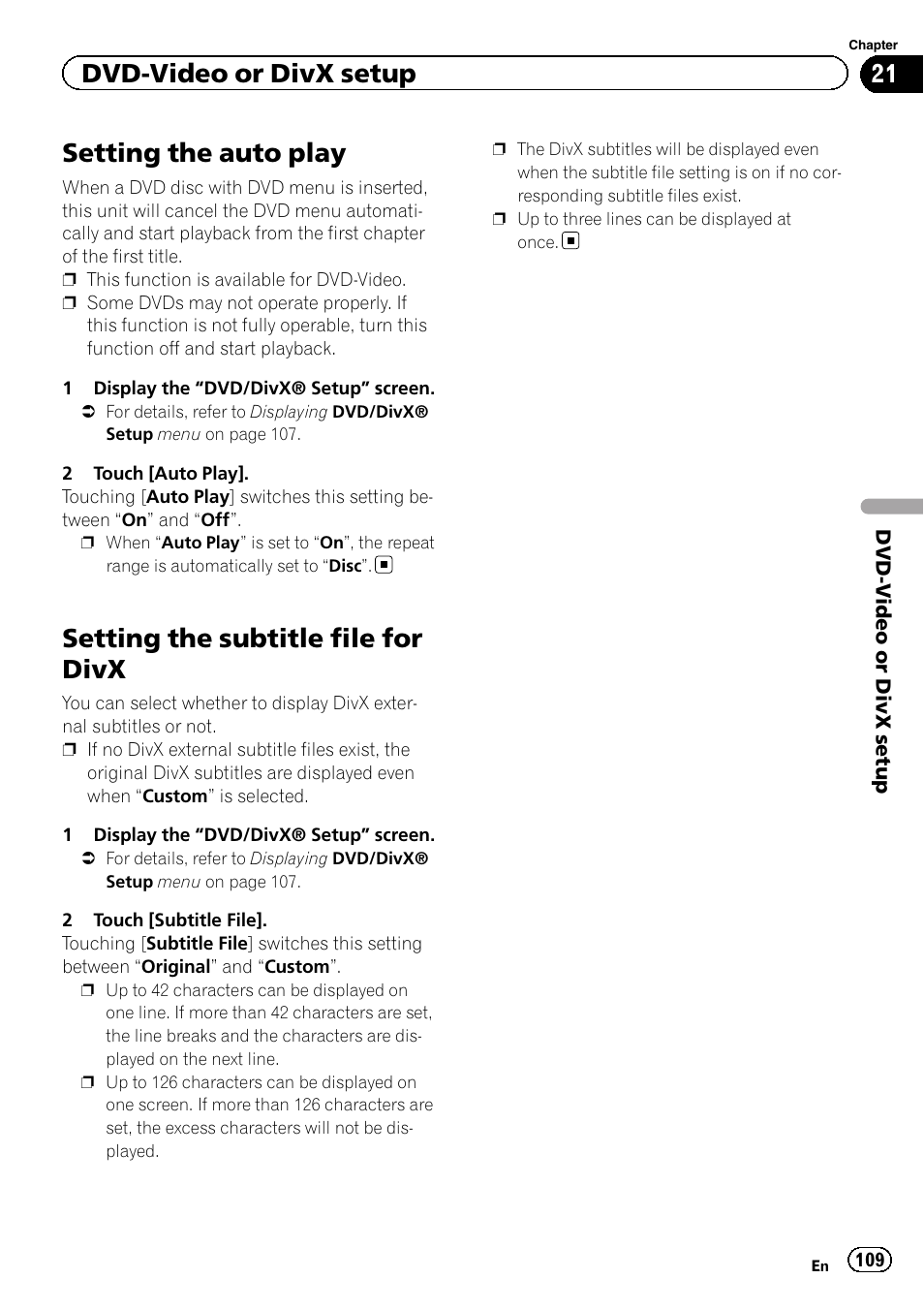 Setting the auto play, Setting the subtitle file for divx, Dvd-video or divx setup | Pioneer AVIC-Z120BT User Manual | Page 109 / 228