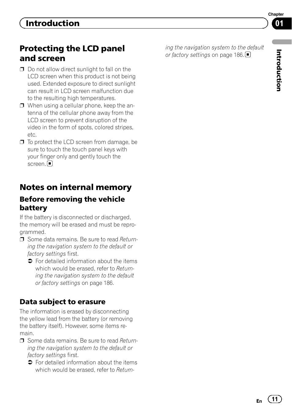 Protecting the lcd panel and screen, Notes on internal memory, Before removing the vehicle | Battery, Data subject to erasure 11, Introduction | Pioneer AVIC-Z120BT User Manual | Page 11 / 228