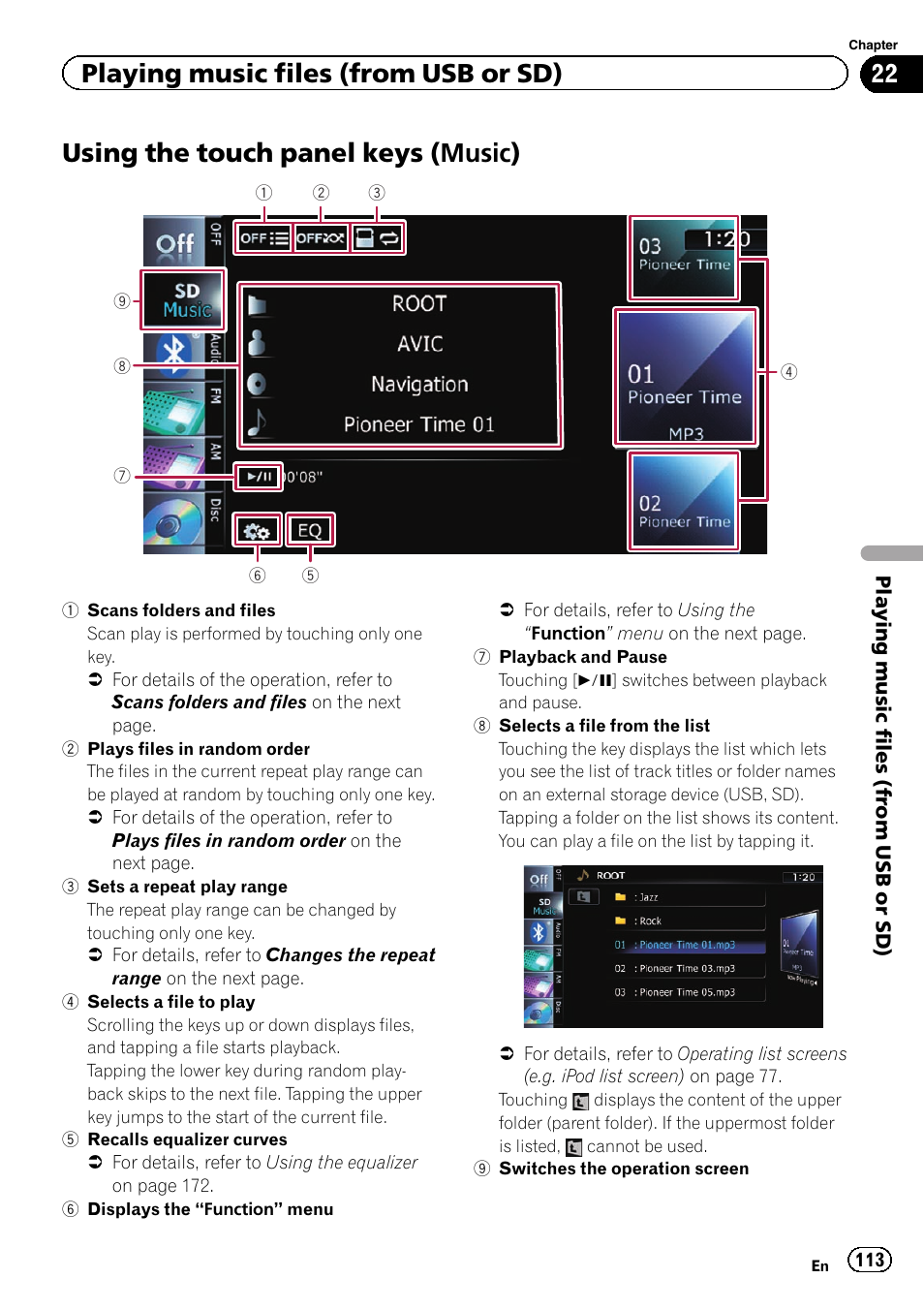 Using the touch panel keys (music), Using the touch panel, Keys | Playing music files (from usb or sd) | Pioneer AVIC-Z120BT User Manual | Page 113 / 228