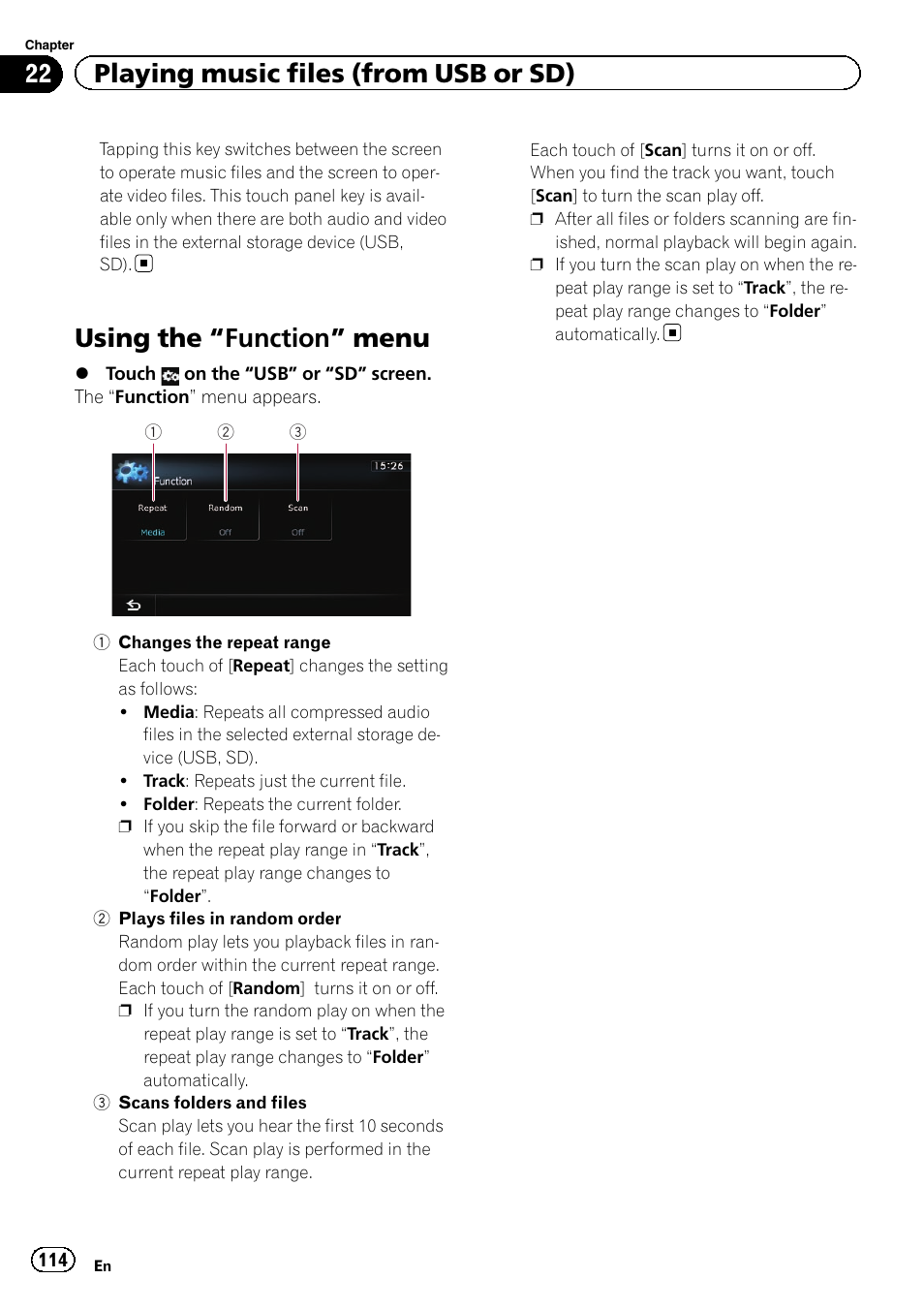 Using the, Function” menu 114, Changes the repeat | Using the “function” menu, 22 playing music files (from usb or sd) | Pioneer AVIC-Z120BT User Manual | Page 114 / 228