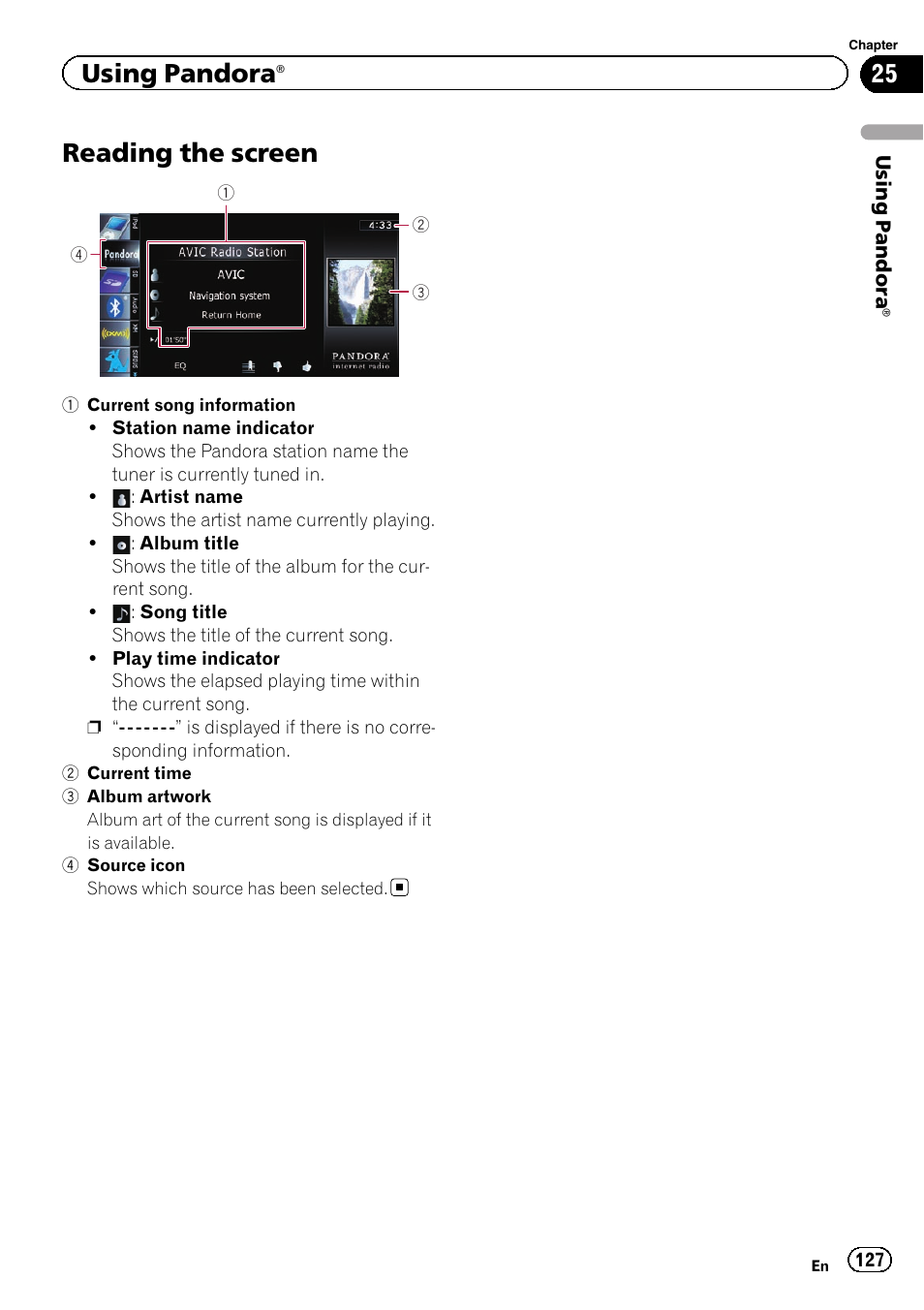 Reading the screen, Using pandora | Pioneer AVIC-Z120BT User Manual | Page 127 / 228