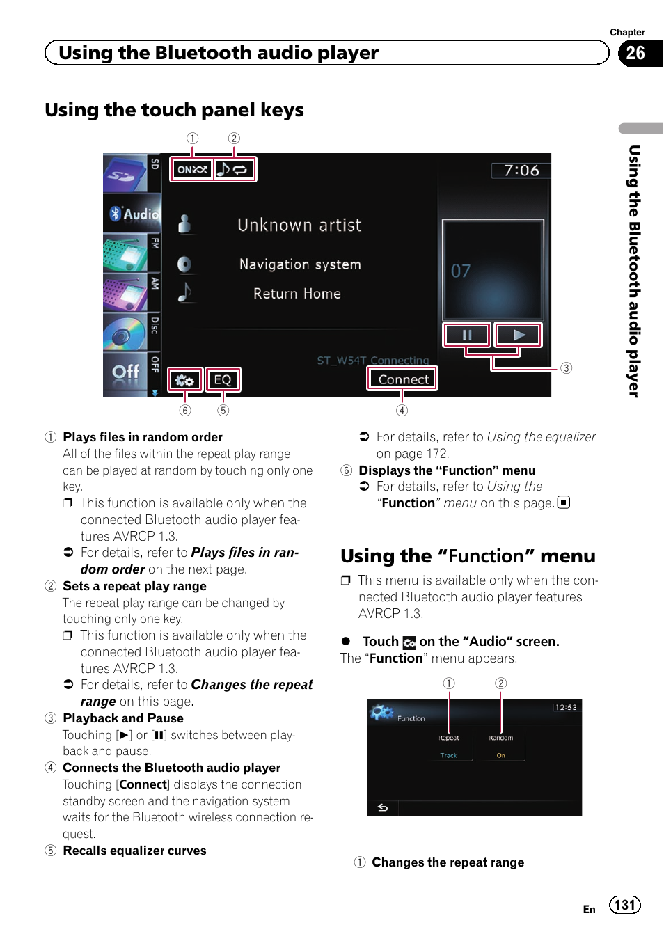 Using the touch panel keys, Using the, Function” menu 131 | Using the touch panel, Using the “function” menu, Using the bluetooth audio player | Pioneer AVIC-Z120BT User Manual | Page 131 / 228