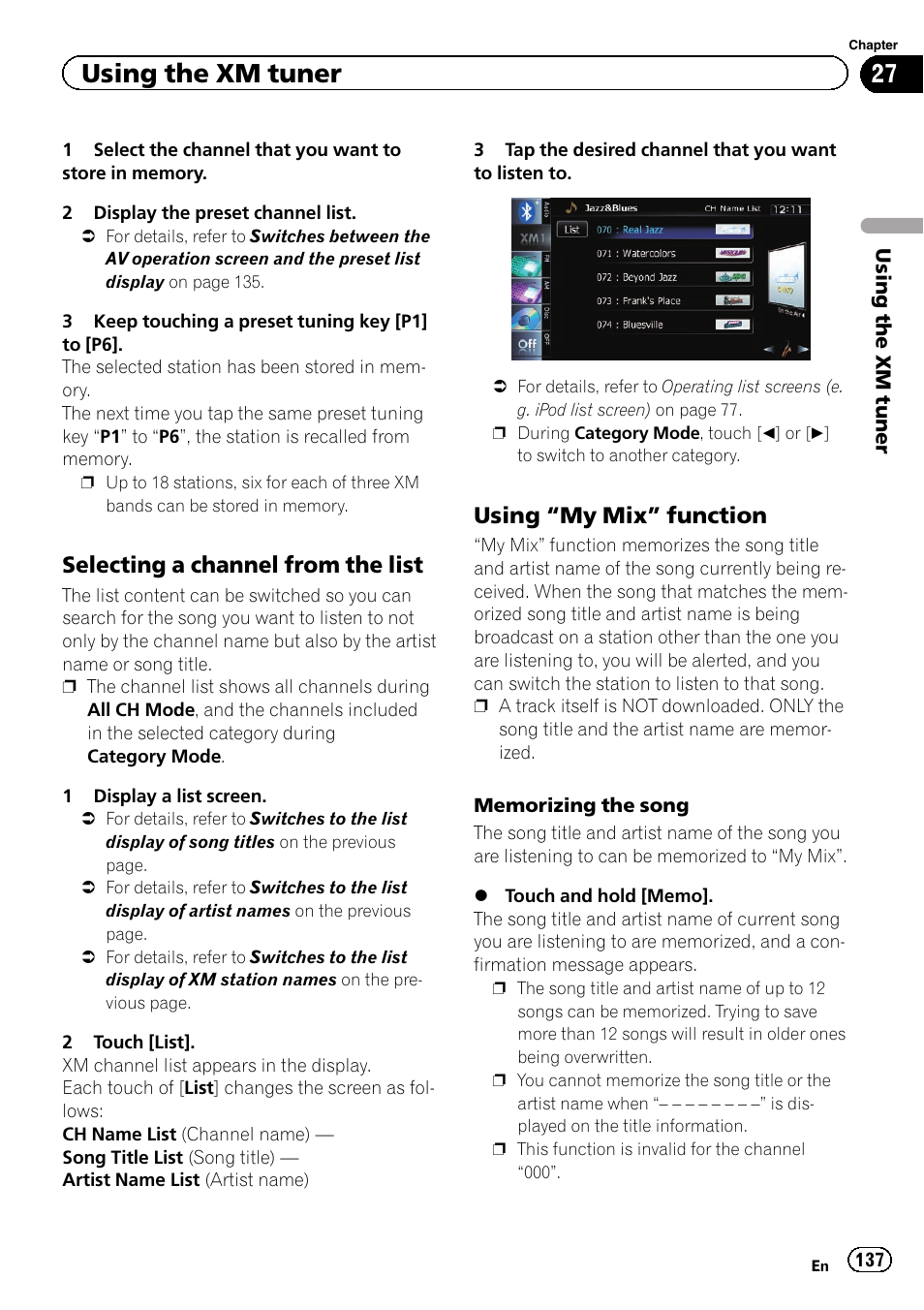 Selecting a channel from the list 137, Using “my mix” function 137, Memorizing the song | Selecting a channel, Using the xm tuner, Selecting a channel from the list, Using “my mix” function | Pioneer AVIC-Z120BT User Manual | Page 137 / 228