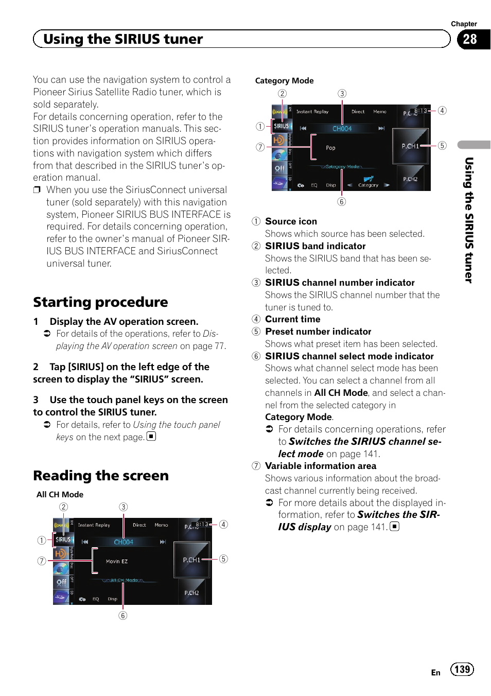 Using the sirius tuner starting procedure, Reading the screen, Starting procedure | Using the sirius tuner | Pioneer AVIC-Z120BT User Manual | Page 139 / 228