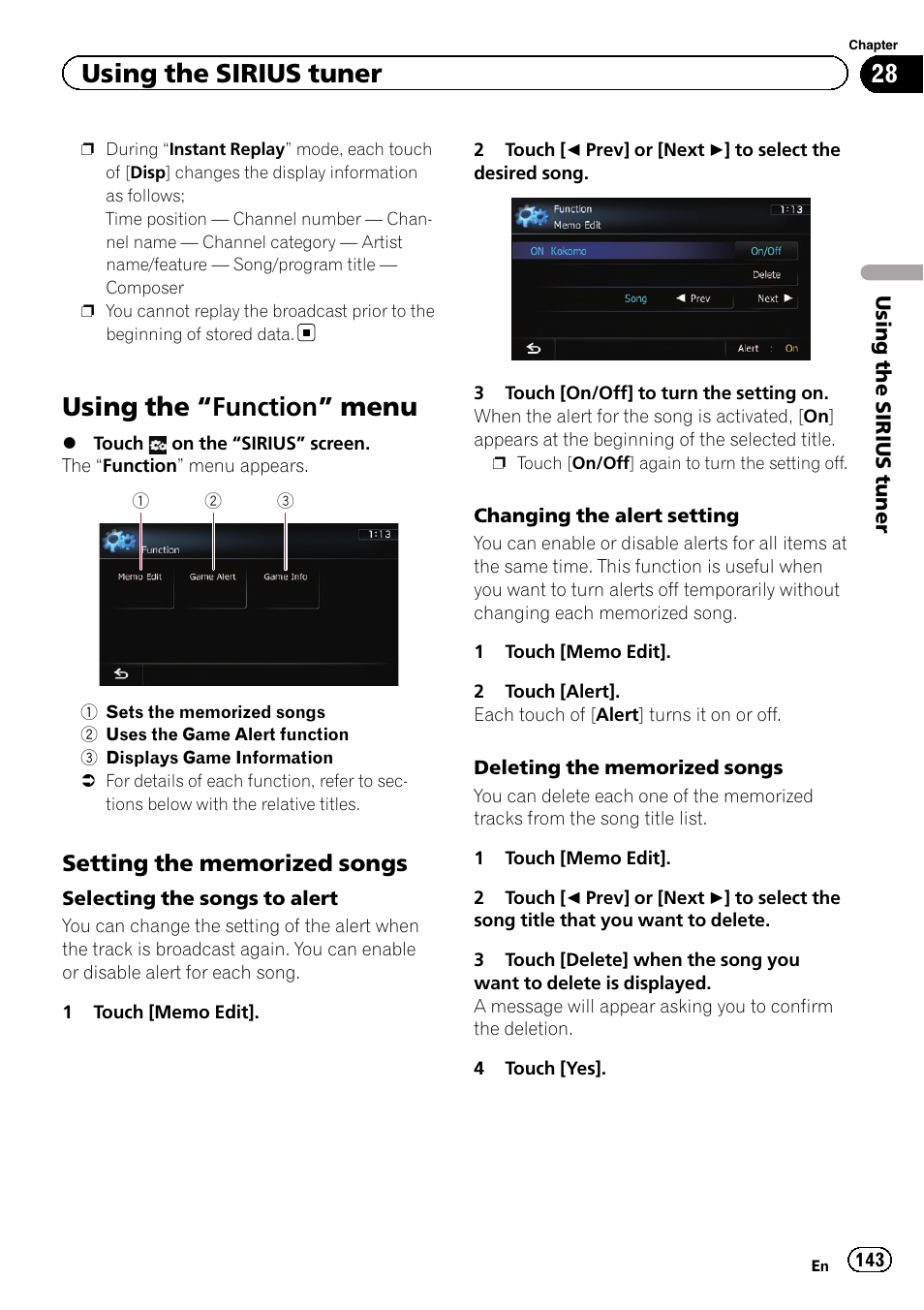 Using the, Function” menu 143, Setting the memorized songs 143 | Setting the memor, Selecting the songs, Using the “function” menu, Using the sirius tuner | Pioneer AVIC-Z120BT User Manual | Page 143 / 228