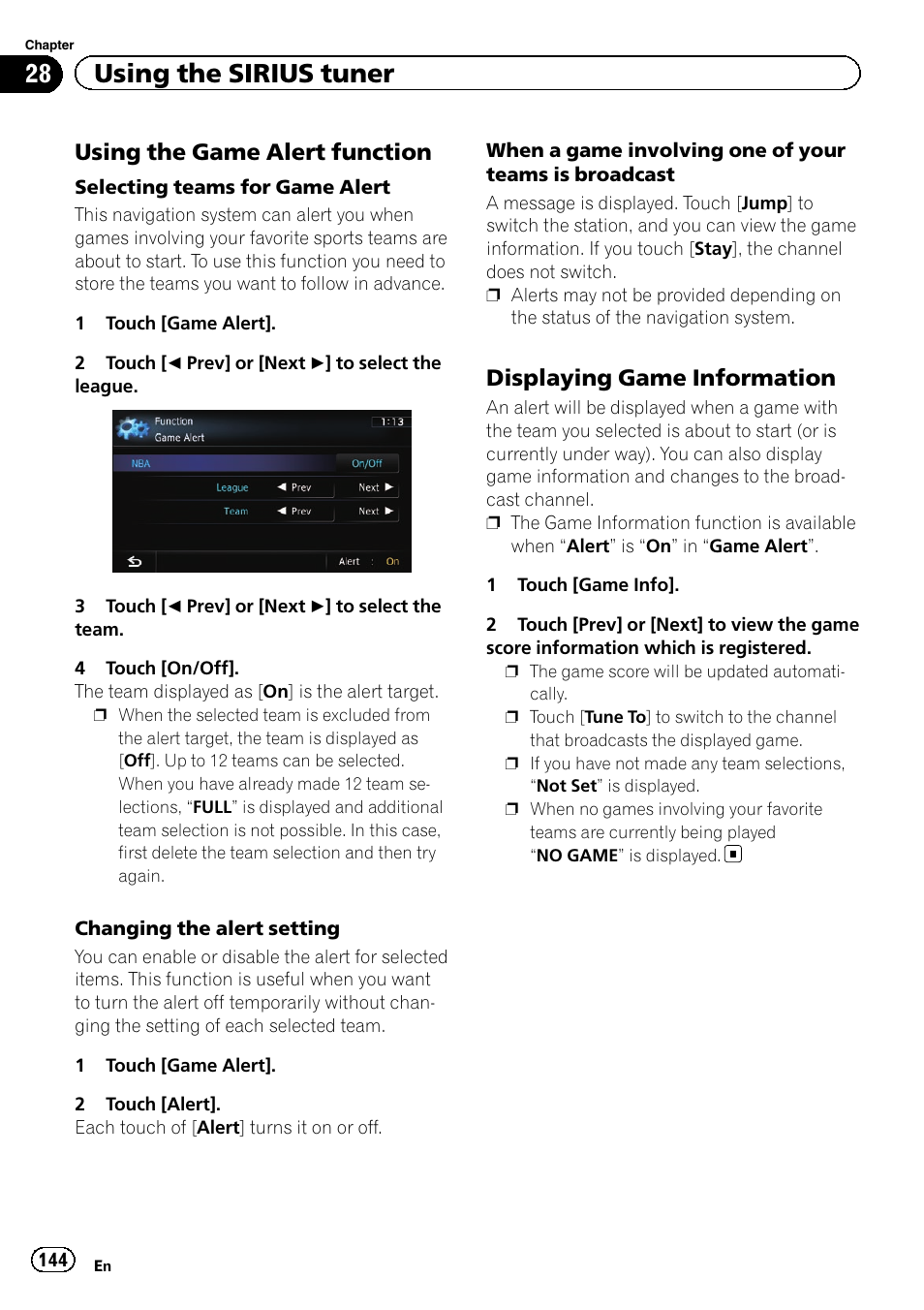 Using the game alert function 144, Displaying game information 144, 28 using the sirius tuner | Using the game alert function, Displaying game information | Pioneer AVIC-Z120BT User Manual | Page 144 / 228