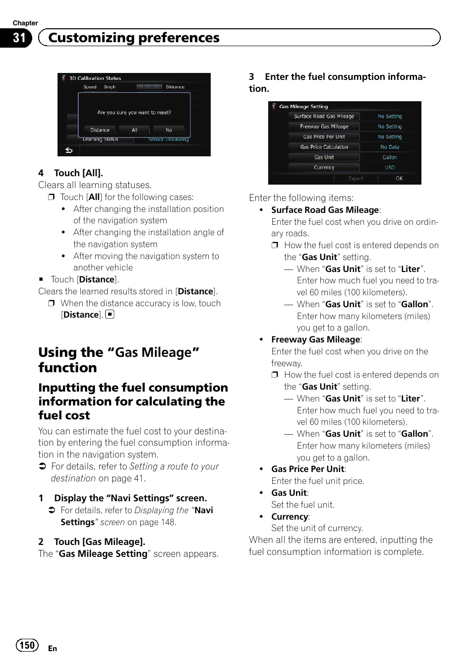 Using the, Gas mileage” function 150, Inputting the fuel consumption | Information for calculating the fuel cost, Inputting the fuel, Using the “gas mileage” function, 31 customizing preferences | Pioneer AVIC-Z120BT User Manual | Page 150 / 228