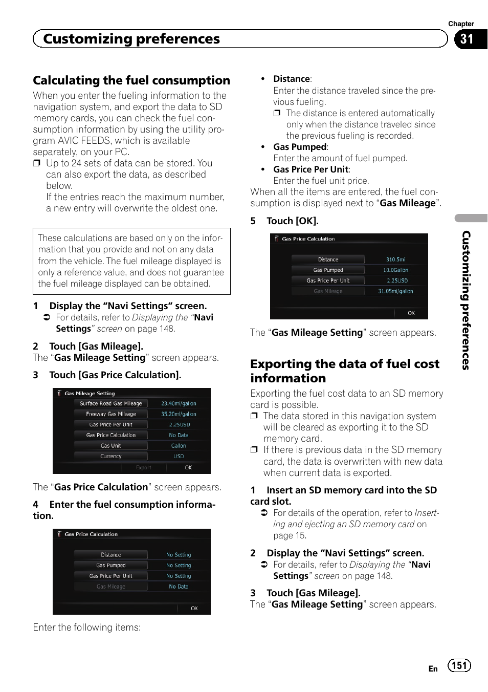 Calculating the fuel consumption 151, Exporting the data of fuel cost, Information | Customizing preferences, Calculating the fuel consumption, Exporting the data of fuel cost information | Pioneer AVIC-Z120BT User Manual | Page 151 / 228