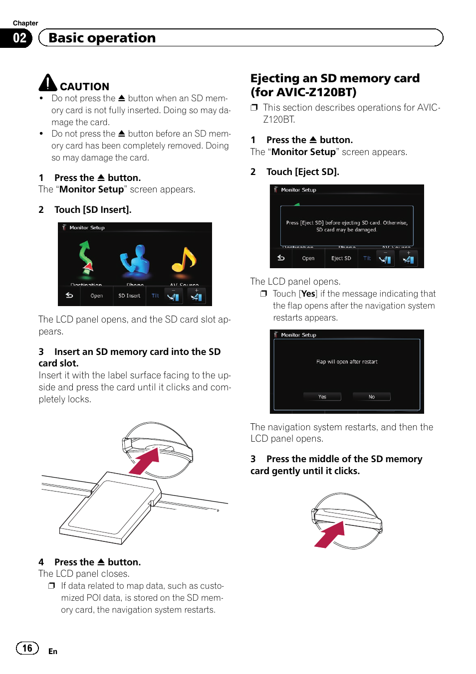 Ejecting an sd memory card (for avic, Z120bt), 02 basic operation | Pioneer AVIC-Z120BT User Manual | Page 16 / 228