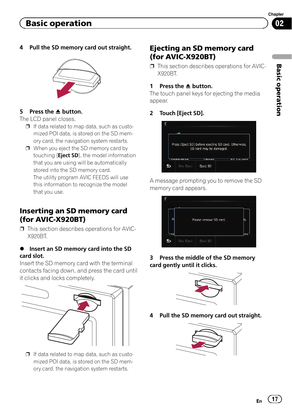 Inserting an sd memory card (for avic, X920bt), Ejecting an sd memory card (for avic | Basic operation | Pioneer AVIC-Z120BT User Manual | Page 17 / 228