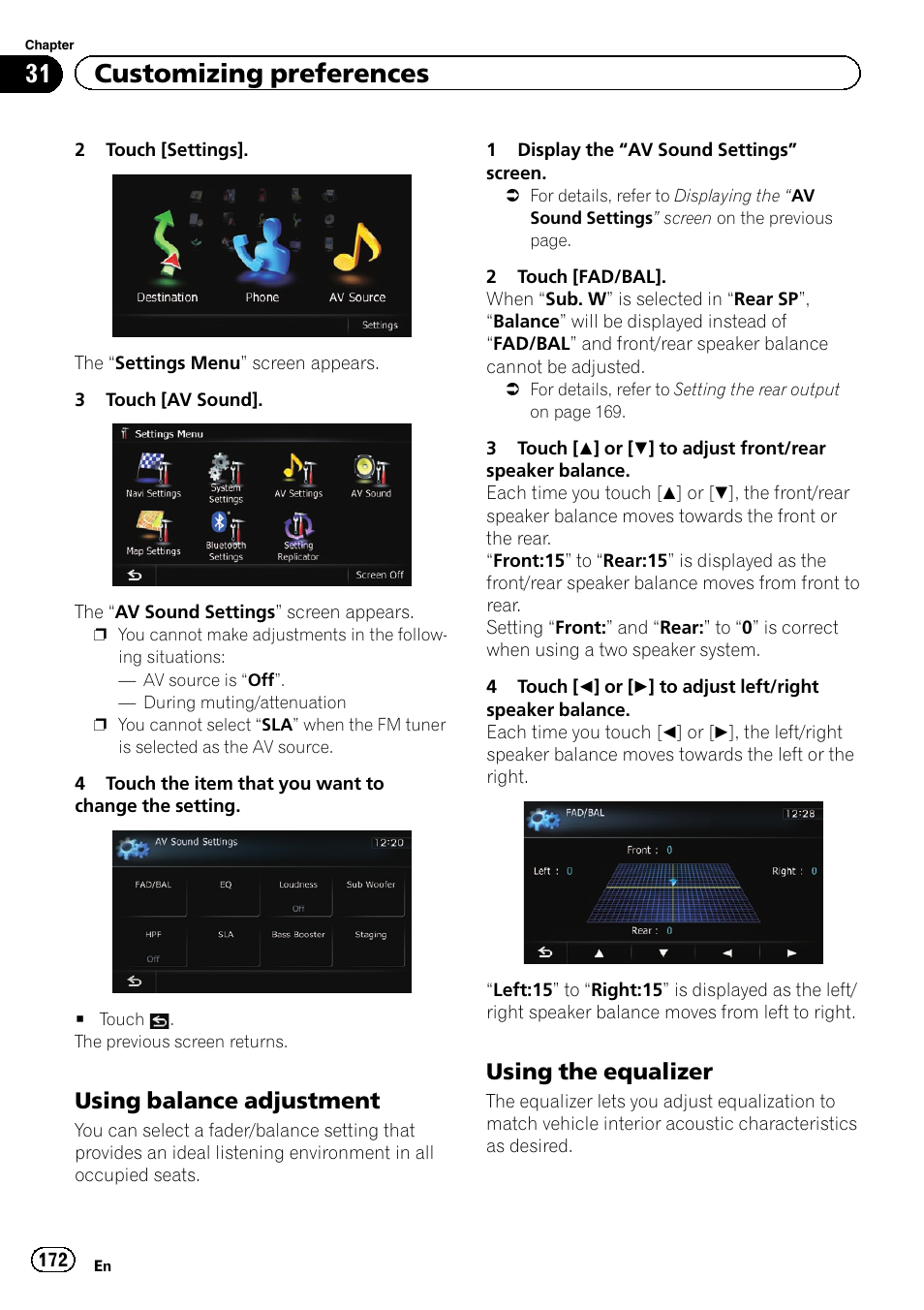 Using balance adjustment 172, Using the equalizer 172, Using the equalizer | 31 customizing preferences, Using balance adjustment | Pioneer AVIC-Z120BT User Manual | Page 172 / 228