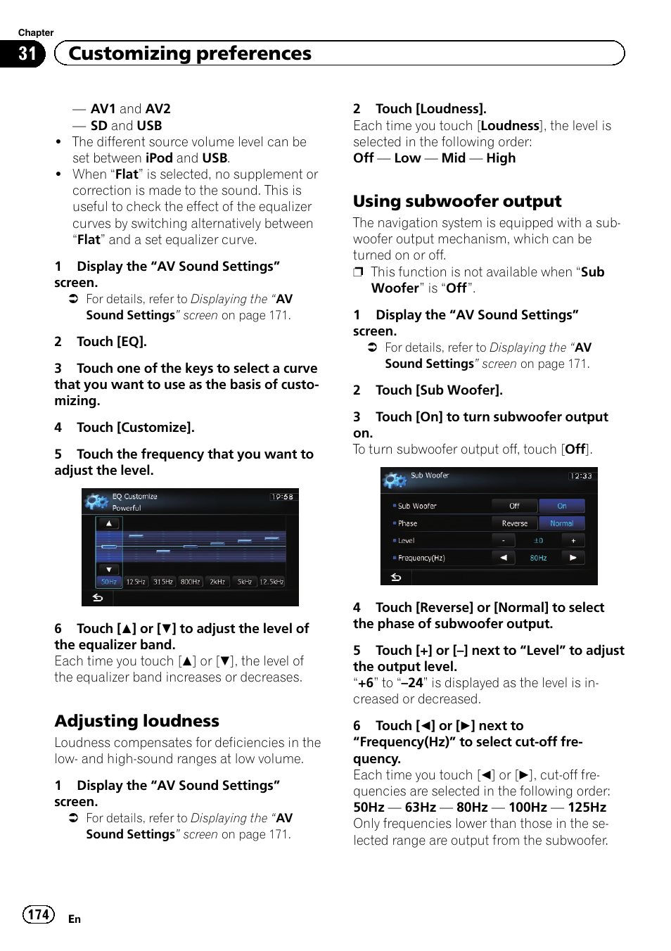 Adjusting loudness 174, Using subwoofer output 174, 31 customizing preferences | Adjusting loudness, Using subwoofer output | Pioneer AVIC-Z120BT User Manual | Page 174 / 228