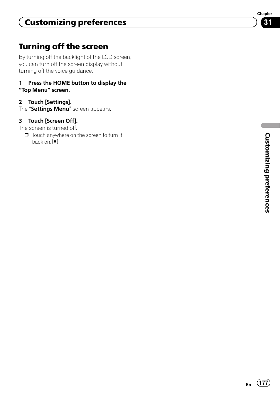 Turning off the screen, Customizing preferences | Pioneer AVIC-Z120BT User Manual | Page 177 / 228
