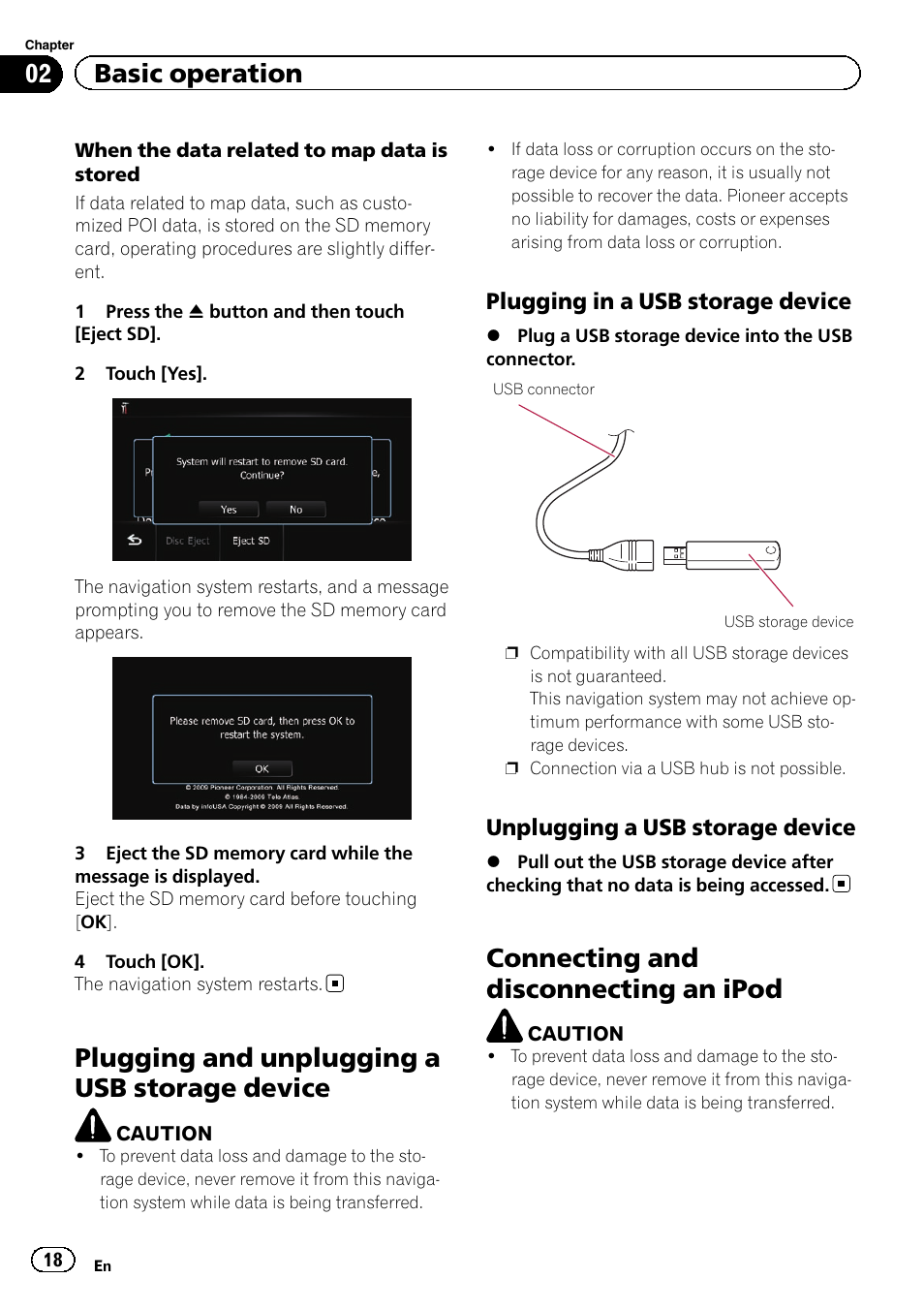 Plugging and unplugging a usb storage, Device, Plugging in a usb storage device 18 | Unplugging a usb storage device 18, Connecting and disconnecting an ipod, Plugging and unplugging a usb storage device, 02 basic operation, Plugging in a usb storage device, Unplugging a usb storage device | Pioneer AVIC-Z120BT User Manual | Page 18 / 228