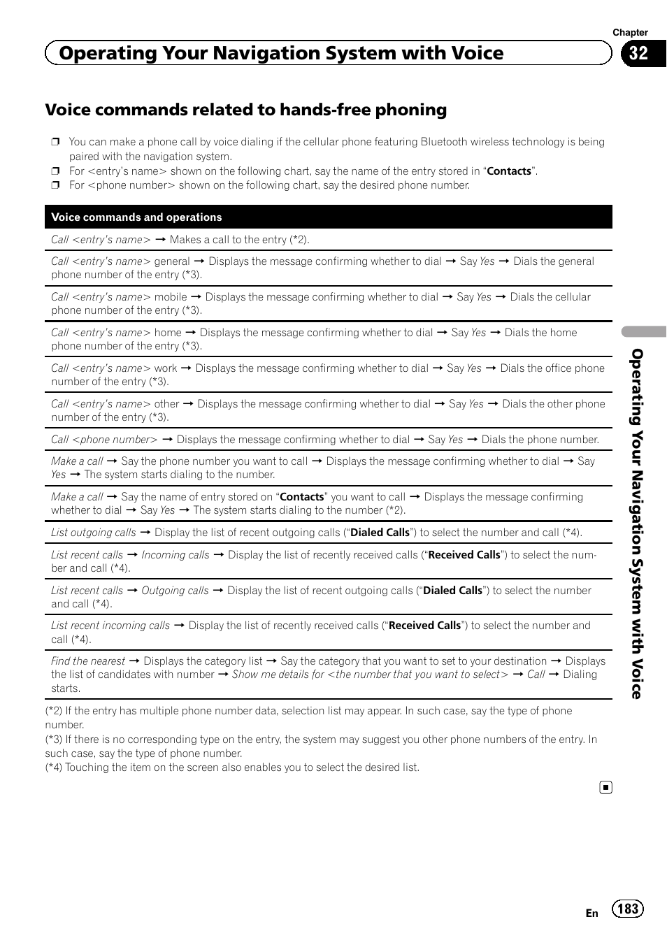 Voice commands related to hands-free, Phoning, Operating your navigation system with voice | Voice commands related to hands-free phoning, Operating y our navigation system with v oice | Pioneer AVIC-Z120BT User Manual | Page 183 / 228