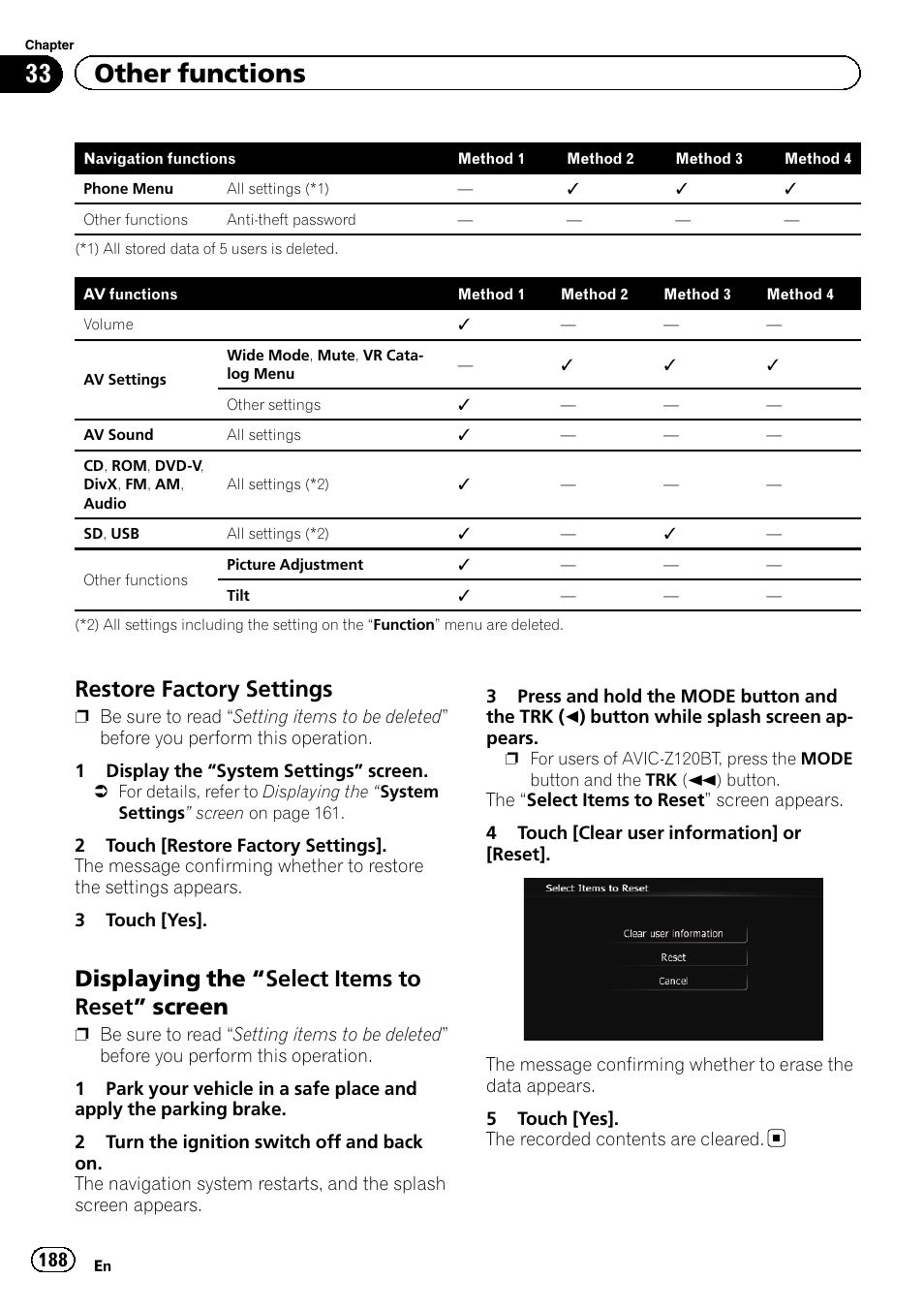 Restore factory settings 188, Displaying the “select items to reset, Screen | Restore factory set, Displaying the “select, Items to reset, 33 other functions, Restore factory settings, Displaying the “select items to reset ” screen | Pioneer AVIC-Z120BT User Manual | Page 188 / 228