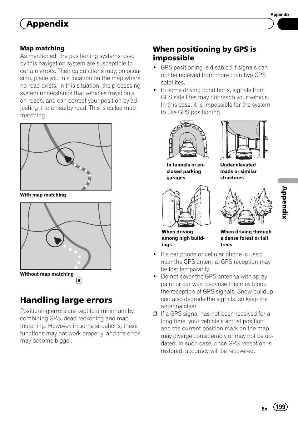 Handling large errors, When positioning by gps is, Impossible | Appendix, When positioning by gps is impossible | Pioneer AVIC-Z120BT User Manual | Page 199 / 228