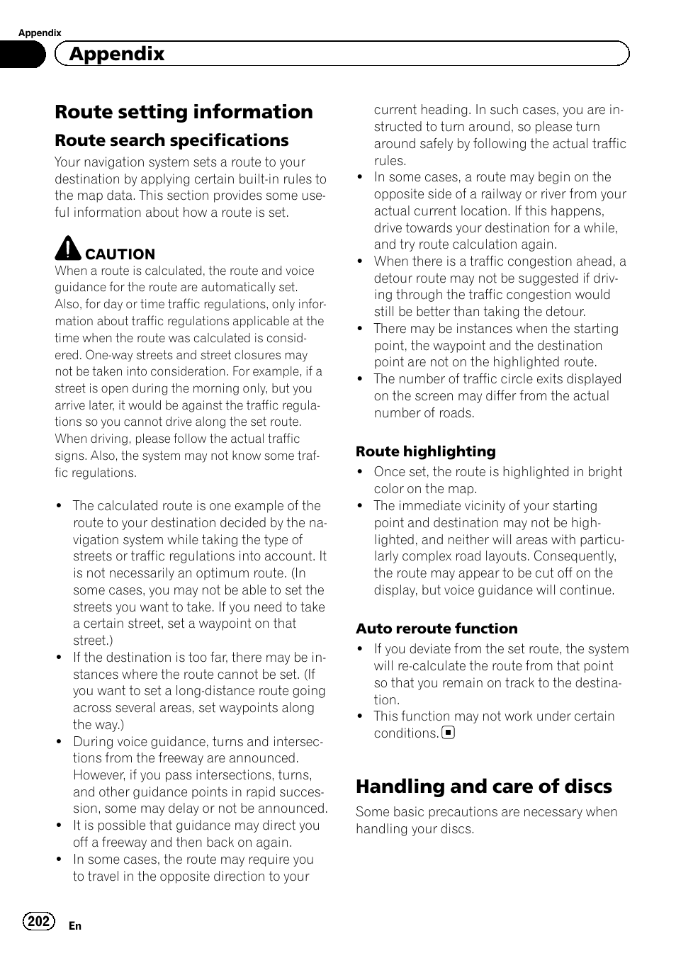 Route setting information, Route search specifications 202, Handling and care of discs | Appendix, Route search specifications | Pioneer AVIC-Z120BT User Manual | Page 202 / 228