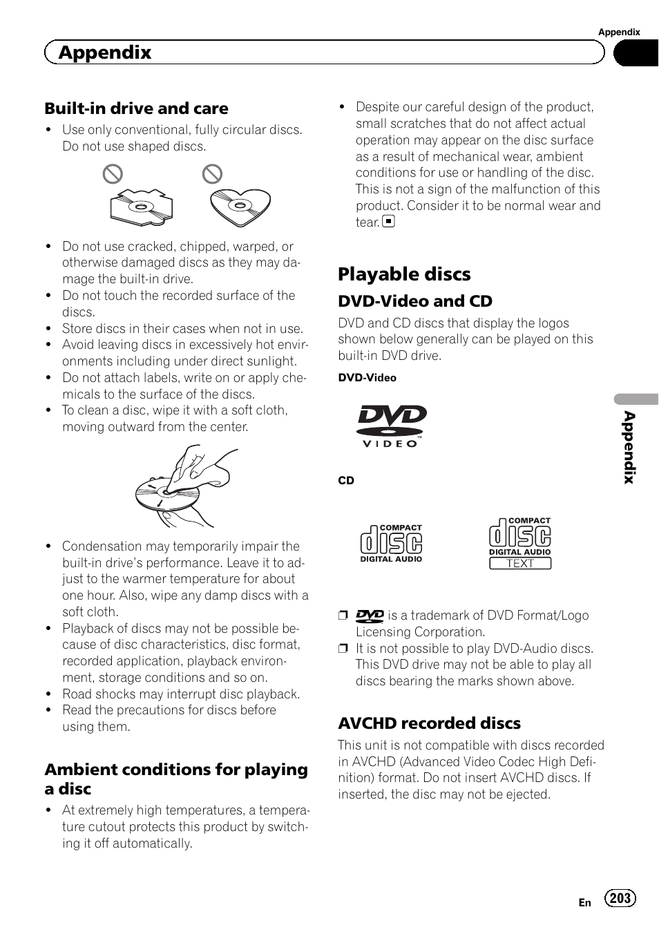 Built-in drive and care 203, Ambient conditions for playing a, Disc | Playable discs, Dvd-video and cd 203, Avchd recorded discs 203, Appendix, Built-in drive and care, Ambient conditions for playing a disc, Dvd-video and cd | Pioneer AVIC-Z120BT User Manual | Page 203 / 228