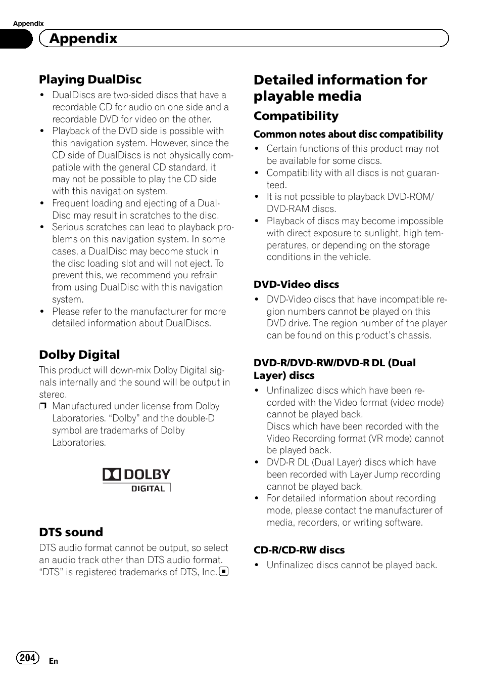 Playing dualdisc 204, Dolby digital 204, Dts sound 204 | Detailed information for playable media, Compatibility 204, Appendix | Pioneer AVIC-Z120BT User Manual | Page 204 / 228