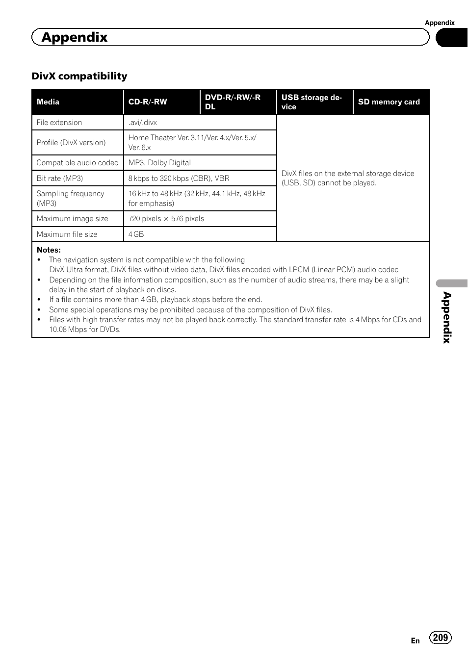 Appendix, Divx compatibility | Pioneer AVIC-Z120BT User Manual | Page 209 / 228