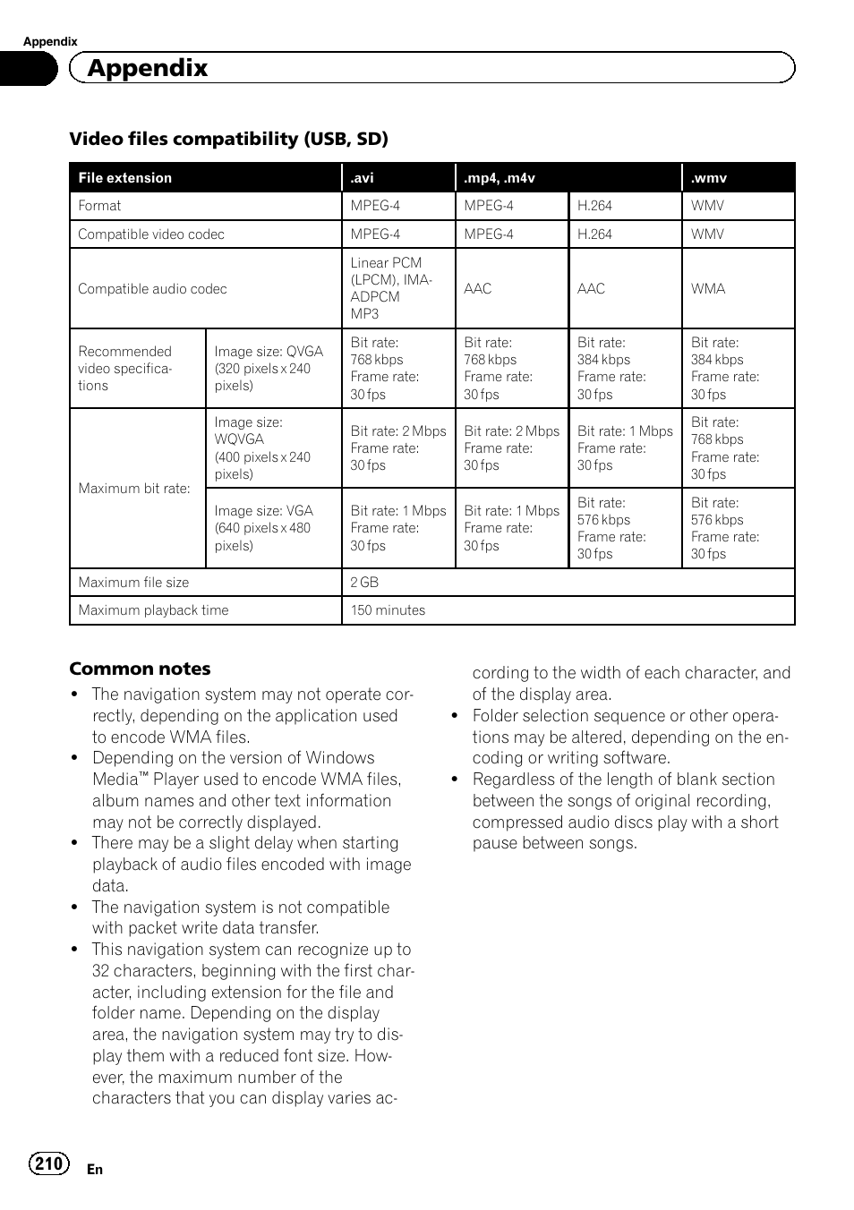 Appendix, Video files compatibility (usb, sd) | Pioneer AVIC-Z120BT User Manual | Page 210 / 228