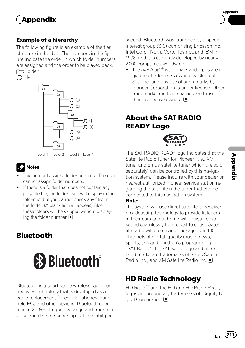 Bluetooth, About the sat radio ready logo, Hd radio technology | Appendix | Pioneer AVIC-Z120BT User Manual | Page 211 / 228