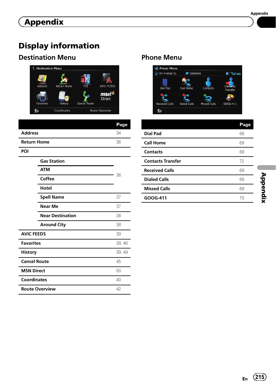 Display information, Destination menu 215, Phone menu 215 | Destination menu, Phone menu, Appendix | Pioneer AVIC-Z120BT User Manual | Page 215 / 228