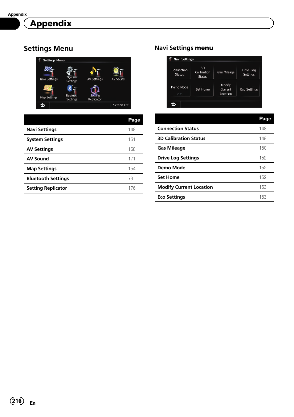 Settings menu 216, Appendix, Settings menu | Navi settings menu | Pioneer AVIC-Z120BT User Manual | Page 216 / 228