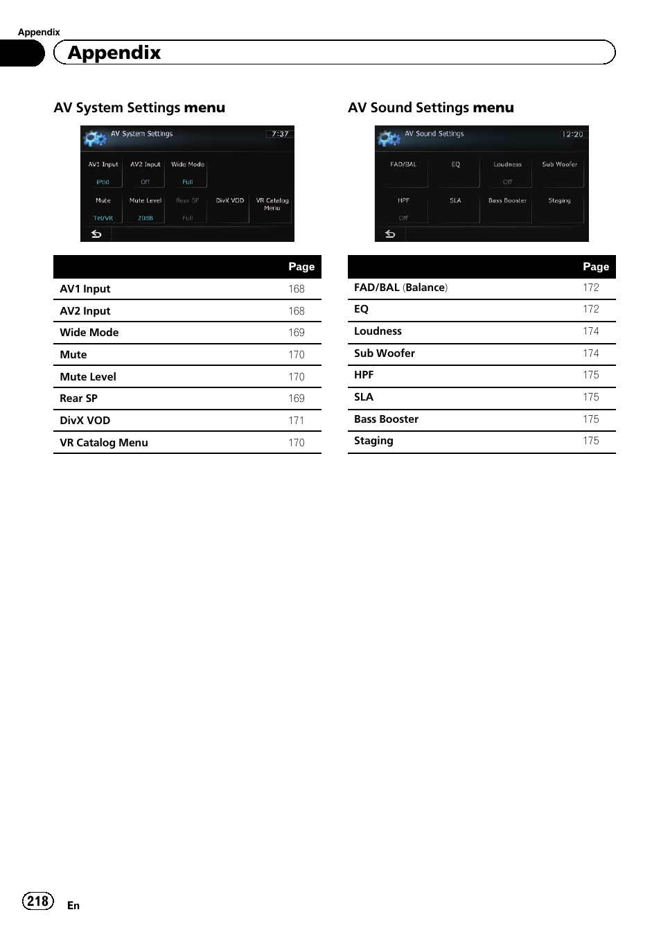 Appendix, Av system settings menu, Av sound settings menu | Pioneer AVIC-Z120BT User Manual | Page 218 / 228