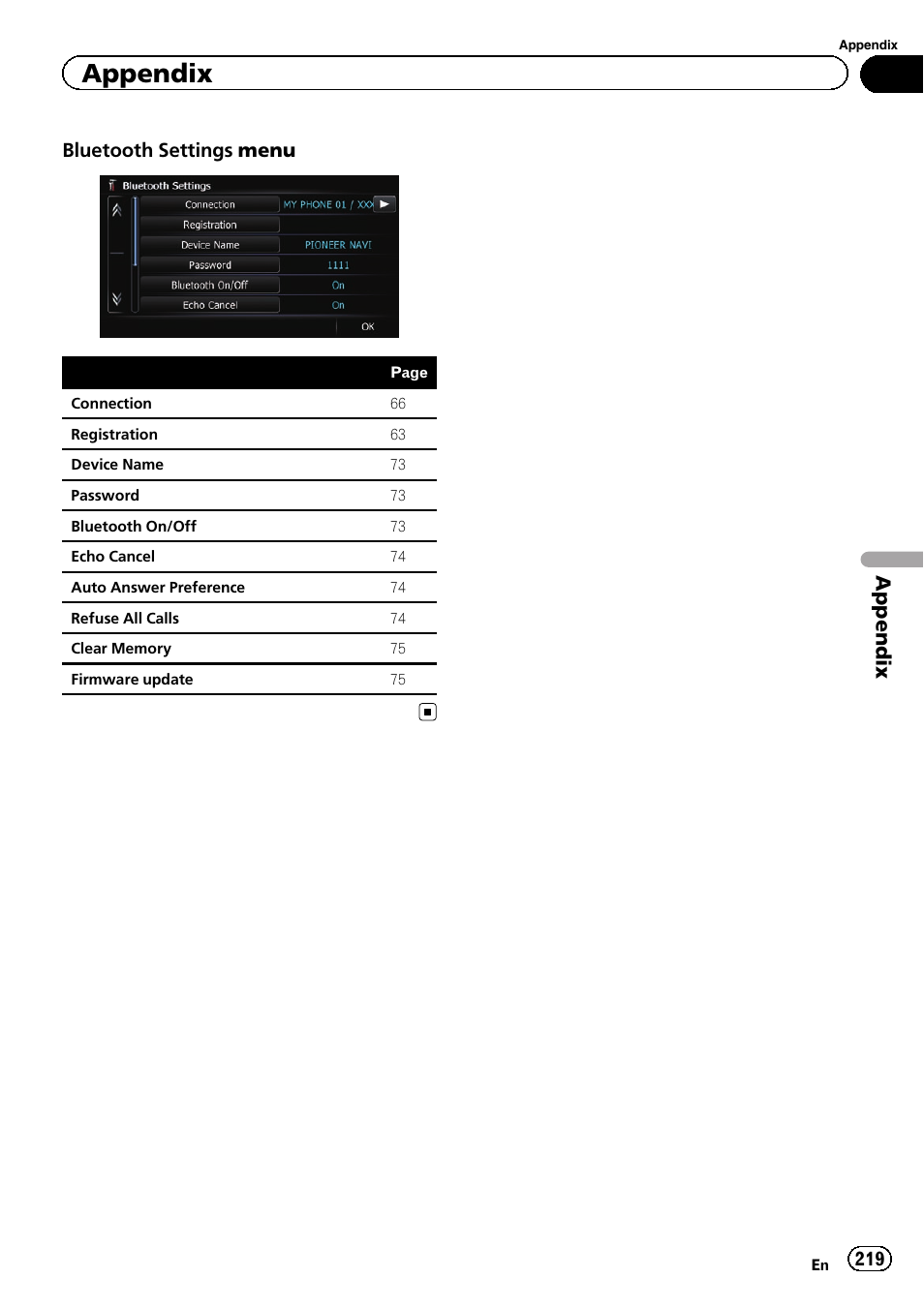 Appendix, Bluetooth settings menu | Pioneer AVIC-Z120BT User Manual | Page 219 / 228