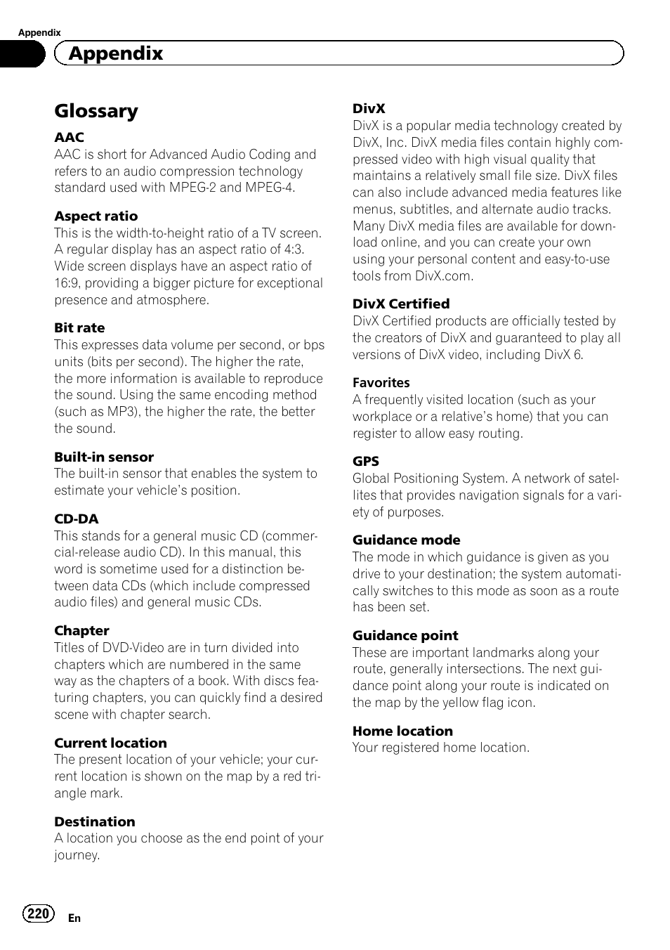 Glossary, Appendix | Pioneer AVIC-Z120BT User Manual | Page 220 / 228