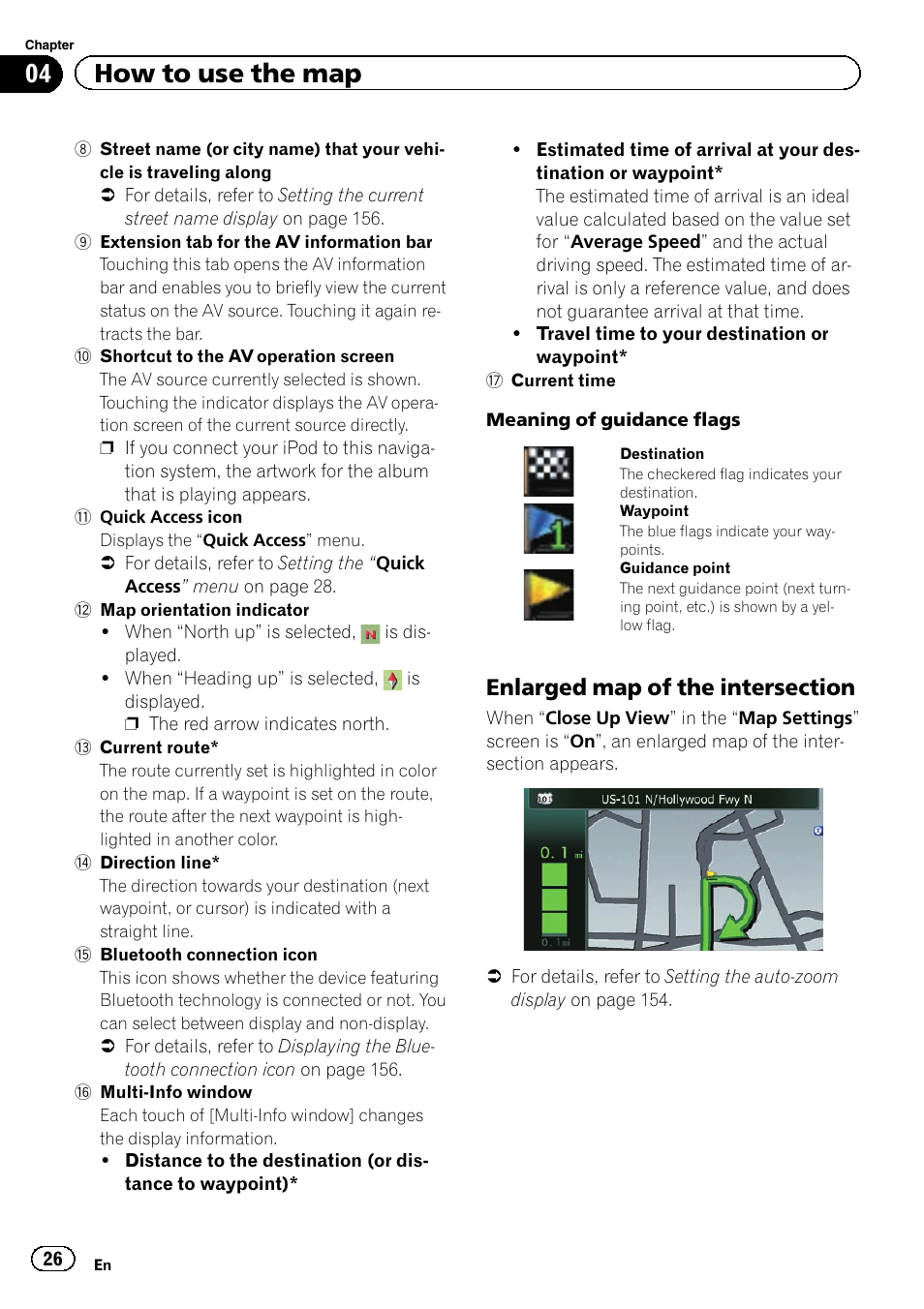 Enlarged map of the intersection 26, 04 how to use the map | Pioneer AVIC-Z120BT User Manual | Page 26 / 228