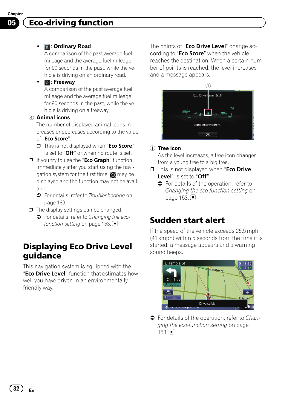 Displaying eco drive level guidance, Sudden start alert, 05 eco-driving function | Pioneer AVIC-Z120BT User Manual | Page 32 / 228