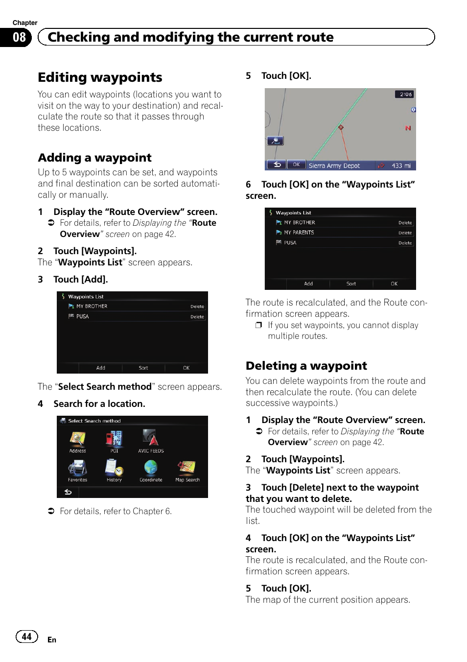 Editing waypoints, Adding a waypoint 44, Deleting a waypoint 44 | Editing waypoints on, 08 checking and modifying the current route, Adding a waypoint, Deleting a waypoint | Pioneer AVIC-Z120BT User Manual | Page 44 / 228