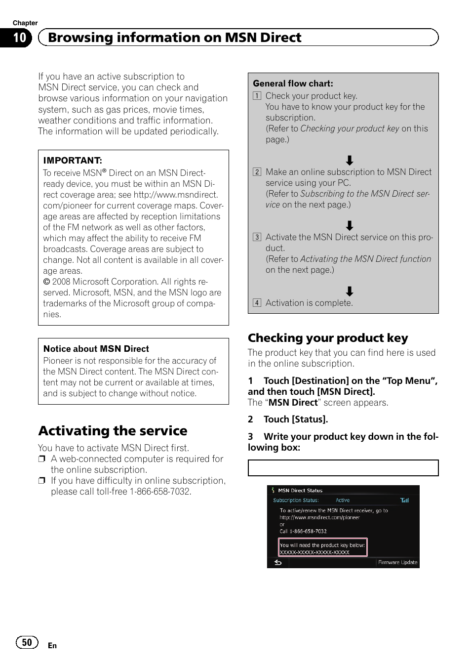 Checking your product key 50, Activating the service, 10 browsing information on msn direct | Checking your product key | Pioneer AVIC-Z120BT User Manual | Page 50 / 228