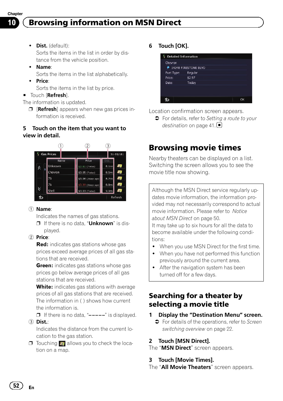 Browsing movie times, Searching for a theater by selecting a, Movie title | 10 browsing information on msn direct, Searching for a theater by selecting a movie title | Pioneer AVIC-Z120BT User Manual | Page 52 / 228
