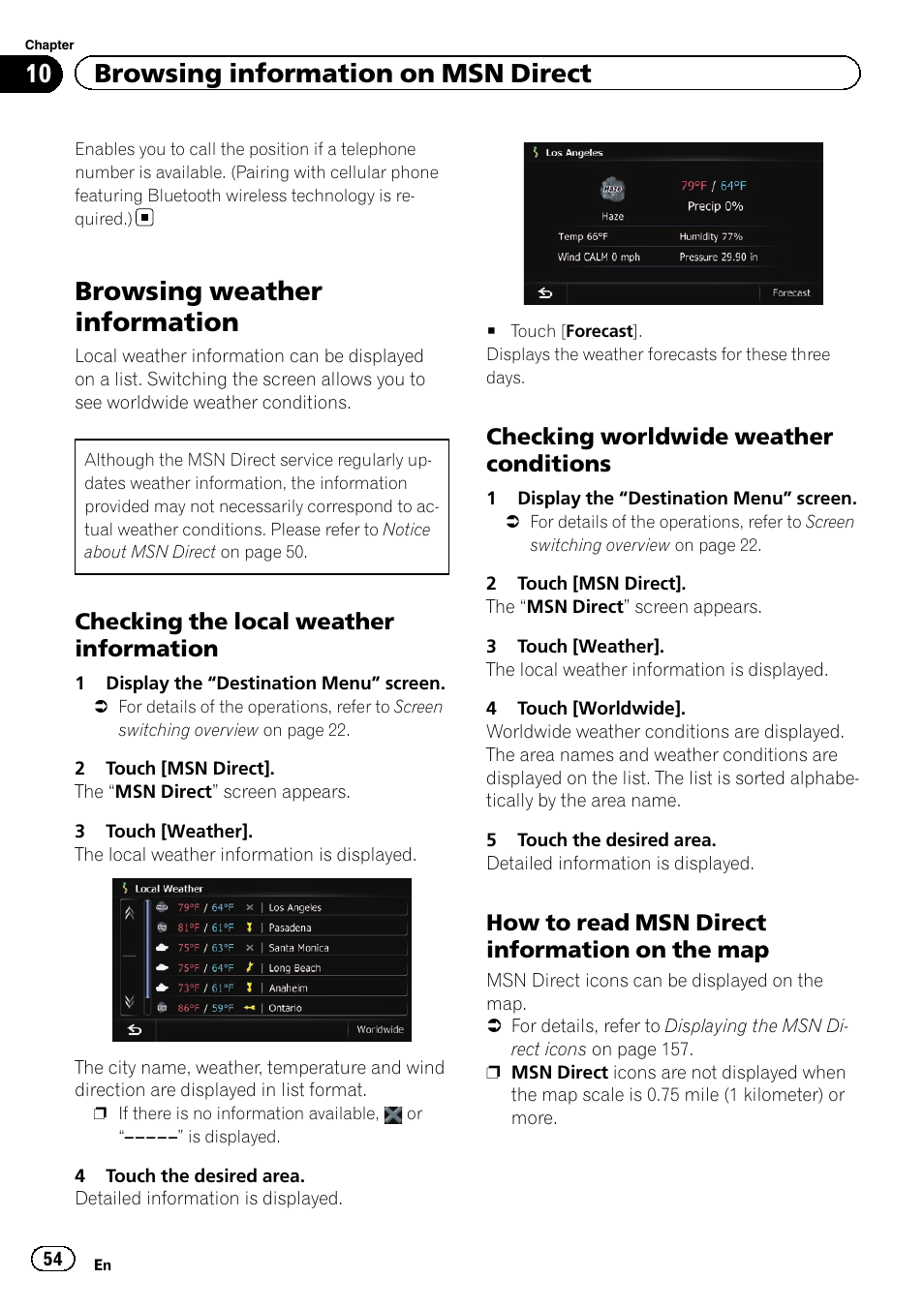 Browsing weather information, Checking the local weather, Information | Checking worldwide weather, Conditions, How to read msn direct information, On the map, 10 browsing information on msn direct, Checking the local weather information, Checking worldwide weather conditions | Pioneer AVIC-Z120BT User Manual | Page 54 / 228