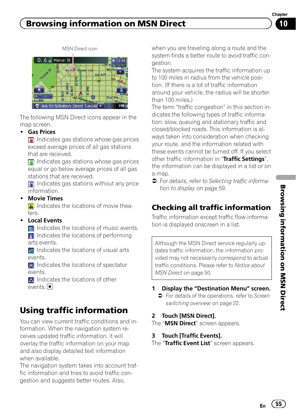 Using traffic information, Checking all traffic information 55, Browsing information on msn direct | Checking all traffic information | Pioneer AVIC-Z120BT User Manual | Page 55 / 228