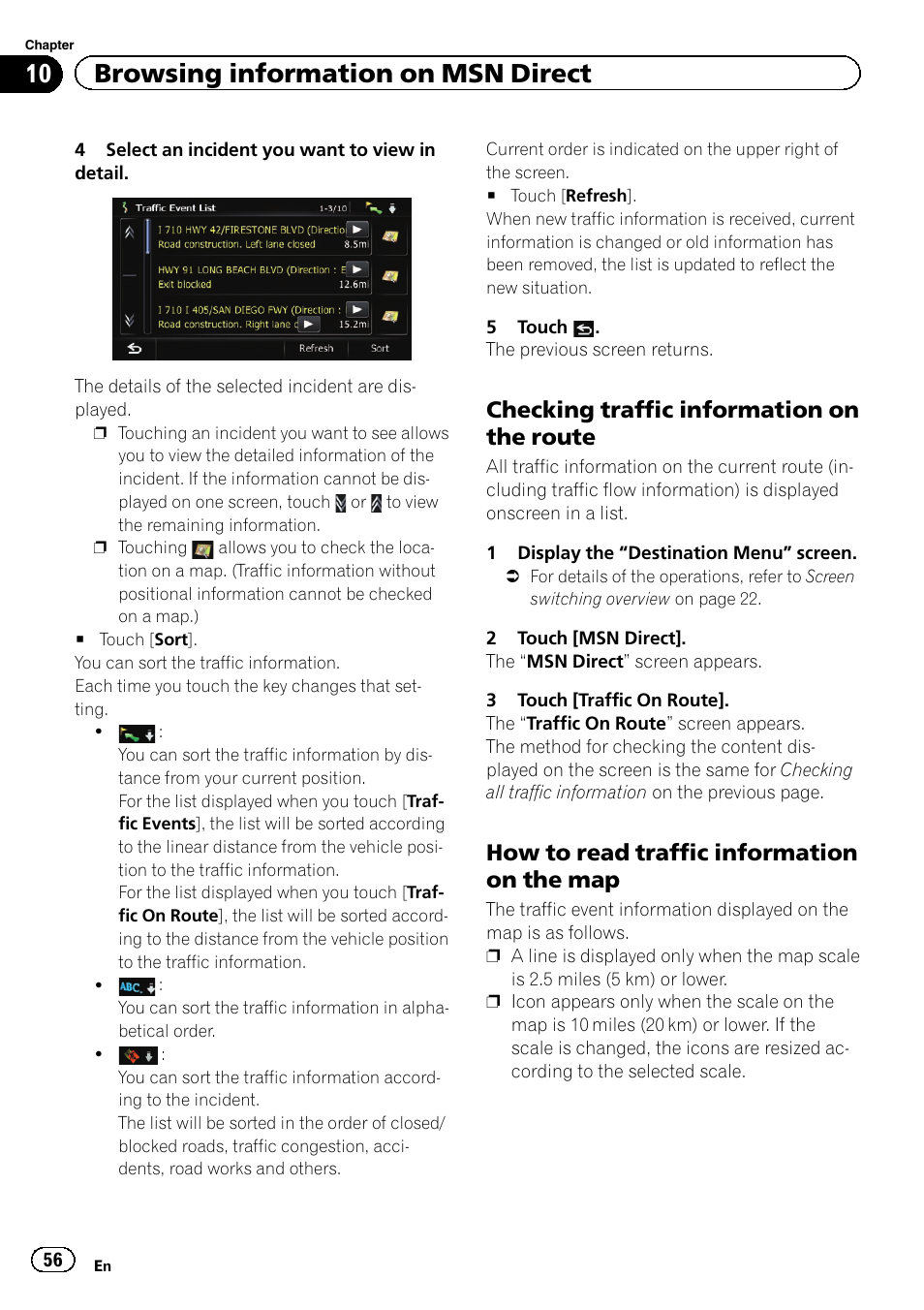 Checking traffic information on the, Route, How to read traffic information on the | 10 browsing information on msn direct, Checking traffic information on the route, How to read traffic information on the map | Pioneer AVIC-Z120BT User Manual | Page 56 / 228
