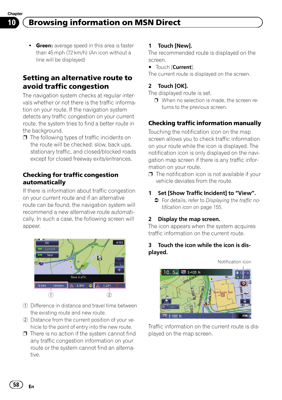 Setting an alternative route to avoid, Traffic congestion, 10 browsing information on msn direct | Pioneer AVIC-Z120BT User Manual | Page 58 / 228